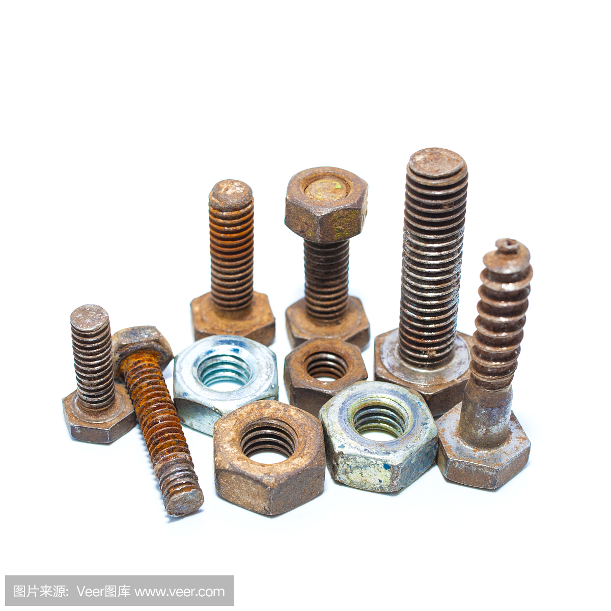 鋼螺母和螺栓隔離在白色